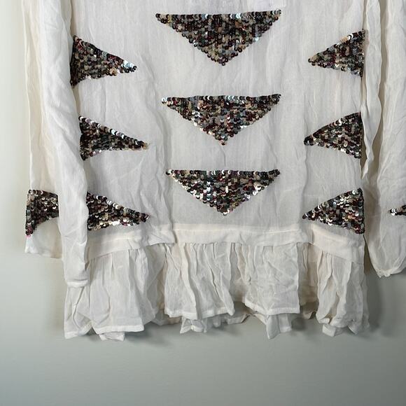 Beautiful Stories‎ Off White Sheer Sequin Patch Long Sleeve Blouse Size XS - Picture 3 of 8